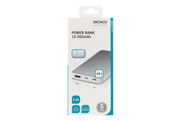 DELTACO Powerbank 10'000 mAh PB-831 silver,37Wh,Li-Po,alu,USB-C