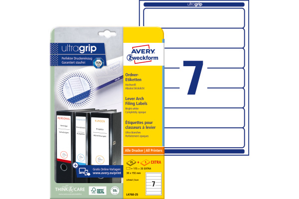 AVERY ZWECKFORM Ordner-Etiketten 38x192mm L4760-25 weiss 210 Stück/25 + 5 Blatt