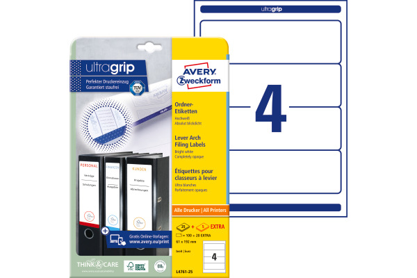 AVERY ZWECKFORM Ordner-Etiketten 61x192mm L4761-25 weiss 120 Stück/25 + 5 Blatt