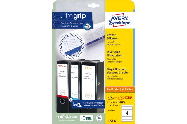 AVERY ZWECKFORM Ordner-Etiketten 61x192mm L4761-25 weiss 120 Stück/25 + 5 Blatt