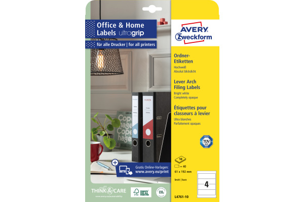 AVERY ZWECKFORM Ordner-Etiketten 61x192mm L4761-100 weiss 400 Stück/100 Blatt