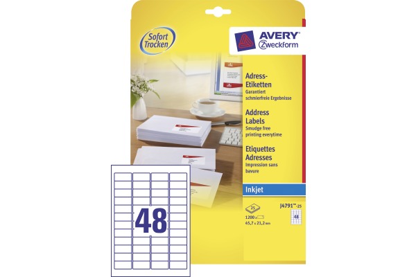 AVERY ZWECKFORM Adressetiketten 45,7x21,2mm J4791-25 InkJet, weiss 1200 Stk./25 Bl.