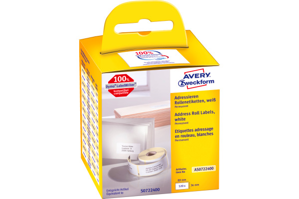 AVERY ZWECKFORM Adress-Etiketten 89x36mm AS0722400 weiss, Rolle 2x260 Stück