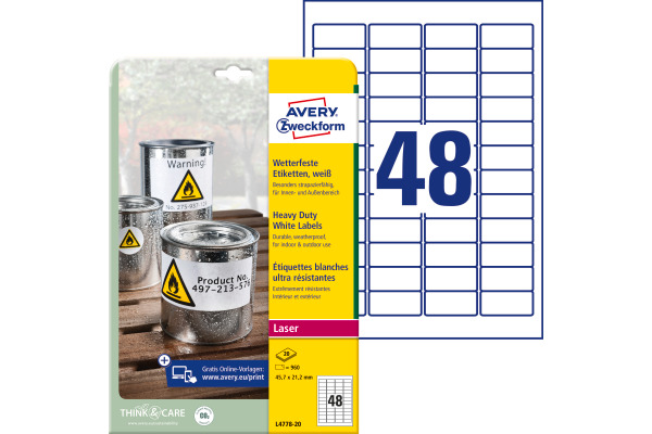 AVERY ZWECKFORM Etiketten 45,7x21,2mm L4778-20 Folie, wetterfest 960 Stk./20
