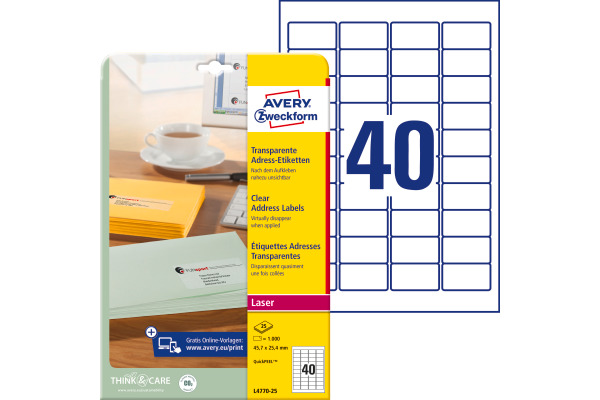 AVERY ZWECKFORM Adressetiketten 45,7x25,4mm L4770-25 Laser, transp. 1000Stk./25Bl.