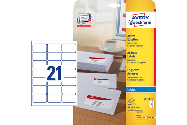 AVERY ZWECKFORM Adressetiketten 63,5x38,1mm J8160-25 weiss 525 Stück