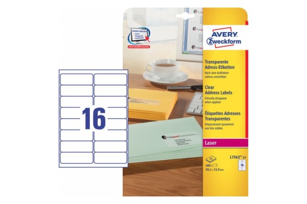 AVERY ZWECKFORM Adress-Etik. Laser 99,1x33,9mm L7562-25 transparent 400 St./16 Blatt