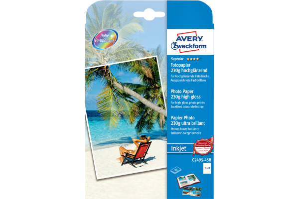 AVERY ZWECKFORM InkJet Fotopapier 13x18cm C2495-45R 230g,glossy, weiss 45 Blatt