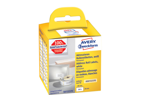 AVERY ZWECKFORM Adress-Etiketten 89x28mm AS0722370 weiss, Rolle 2x130 Stück