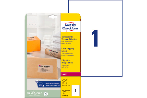 AVERY ZWECKFORM Adressetiketten 210x297mm L7567-25 Laser, transp. 25Stk./25Bl.