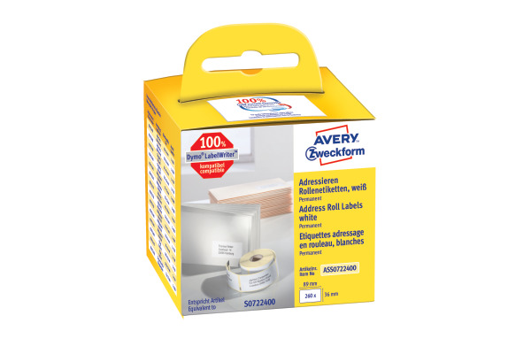 AVERY ZWECKFORM Adress-Etiketten 89x36mm ASS0722400 weiss, Rolle 260 Stück