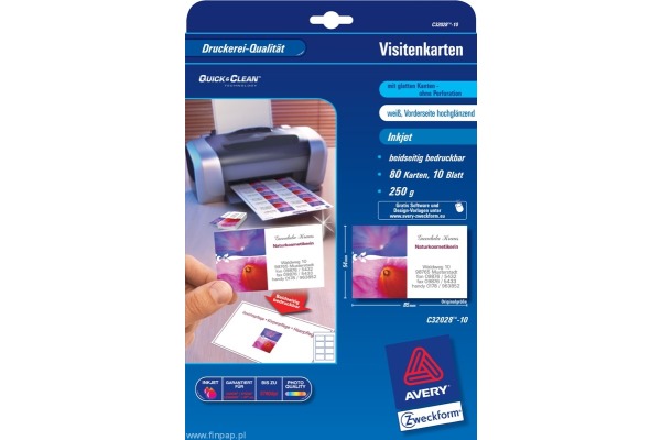 AVERY ZWECKFORM Prof. Visitenkarten InkJet A4 C32028-10 240g glossy doppels. 10 Blatt