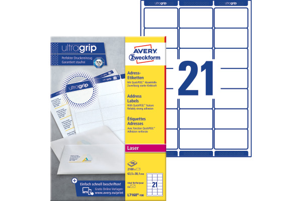 AVERY ZWECKFORM Adressetiketten 63,5x38,1mm L7160-100 weiss 2100 Stk./100 Blatt