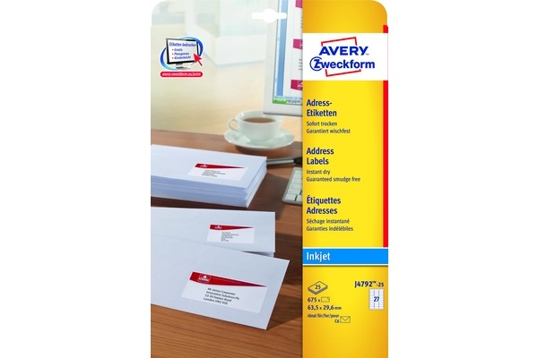 AVERY ZWECKFORM Adressetiketten 63,5x29,6mm J4792-25 InkJet, weiss 675 Stk./25 Bl.