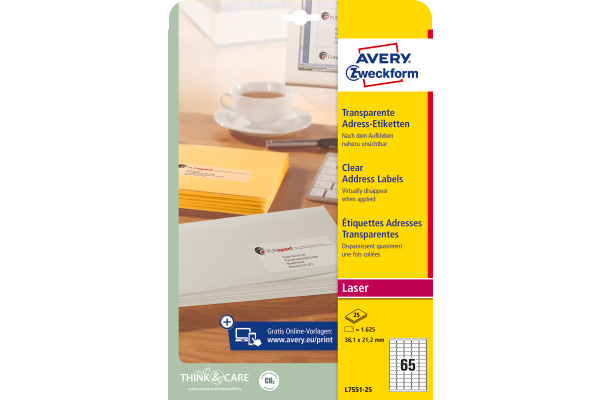AVERY ZWECKFORM Adress-Etik. Laser 38x21,2mm L7551-25 transparent 1625 St./25 Blatt