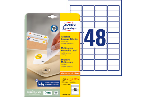 AVERY ZWECKFORM Etikett.Stick&Lift 45.7x21.2mm L4736REV-25 weiss 1440 Stk./25 + 5 Blatt