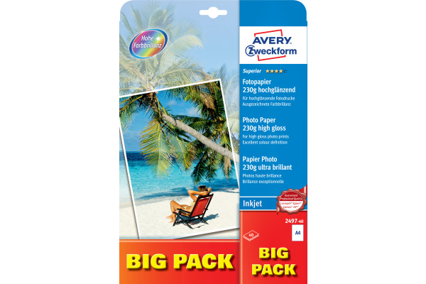 AVERY ZWECKFORM InkJet Fotopapier A4 2497-40 230g,glossy, weiss 40 Blatt