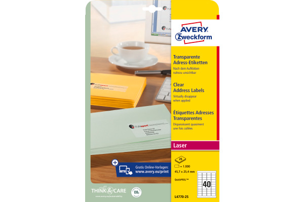 AVERY ZWECKFORM Adressetiketten 45,7x25,4mm L4770-25 Laser, transp. 1000Stk./25Bl.