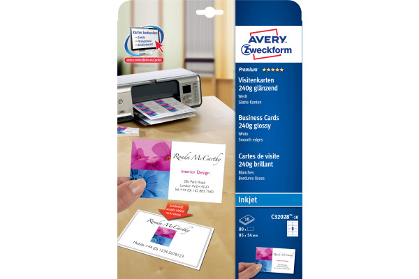 AVERY ZWECKFORM Prof. Visitenkarten InkJet A4 C32028-10 240g glossy doppels. 10 Blatt
