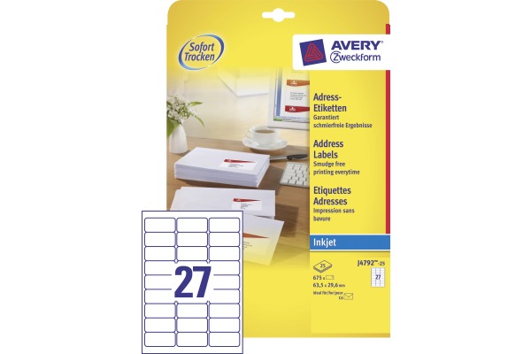 AVERY ZWECKFORM Adressetiketten 63,5x29,6mm J4792-25 InkJet, weiss 675 Stk./25 Bl.