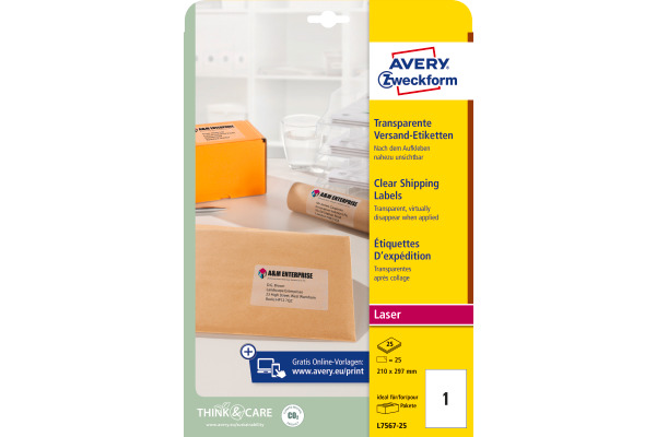 AVERY ZWECKFORM Adressetiketten 210x297mm L7567-25 Laser, transp. 25Stk./25Bl.
