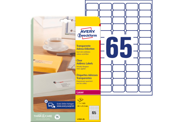 AVERY ZWECKFORM Adress-Etik. Laser 38x21,2mm L7551-25 transparent 1625 St./25 Blatt
