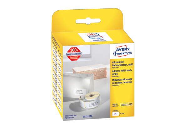 AVERY ZWECKFORM Adress-Etiketten 54x25mm AS0722520 weiss, Rolle 500 Stück