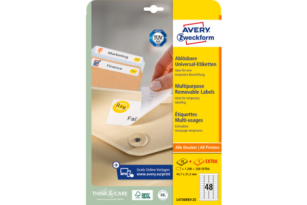 AVERY ZWECKFORM Etikett.Stick&Lift 45.7x21.2mm L4736REV-25 weiss 1440 Stk./25 + 5 Blatt