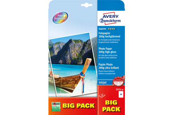 AVERY ZWECKFORM InkJet Fotopapier A4 2572-50 200g,glossy, weiss 50 Blatt