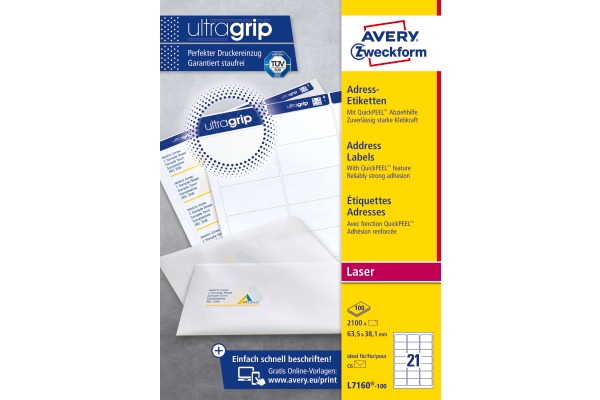 AVERY ZWECKFORM Adressetiketten 63,5x38,1mm L7160-100 weiss 2100 Stk./100 Blatt