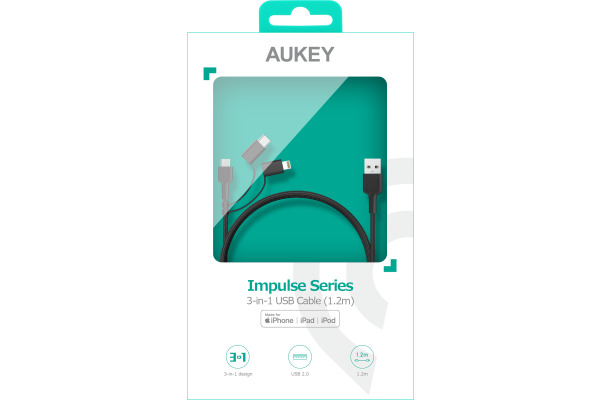 AUKEY ImpulseCable 3-in-1 MFI, bl. CB-BAL5 1.2m braided Nylon