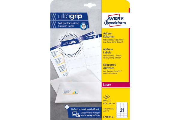 AVERY ZWECKFORM Adressetiketten 63.5x38.1mm L7160-40 weiss 840 Stk./40 Blatt